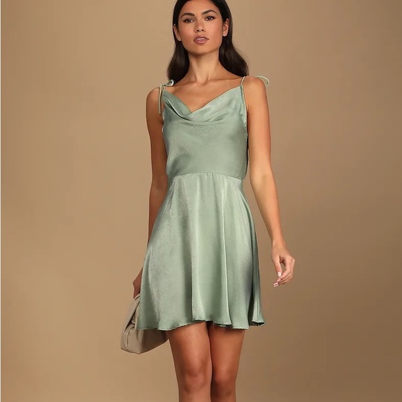 Lulu's Sage Green Satin Dress - Picture 1 of 7